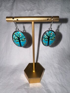 Tree of Life Colorful Floral Glass Cabochon Oval Dangle Earrings